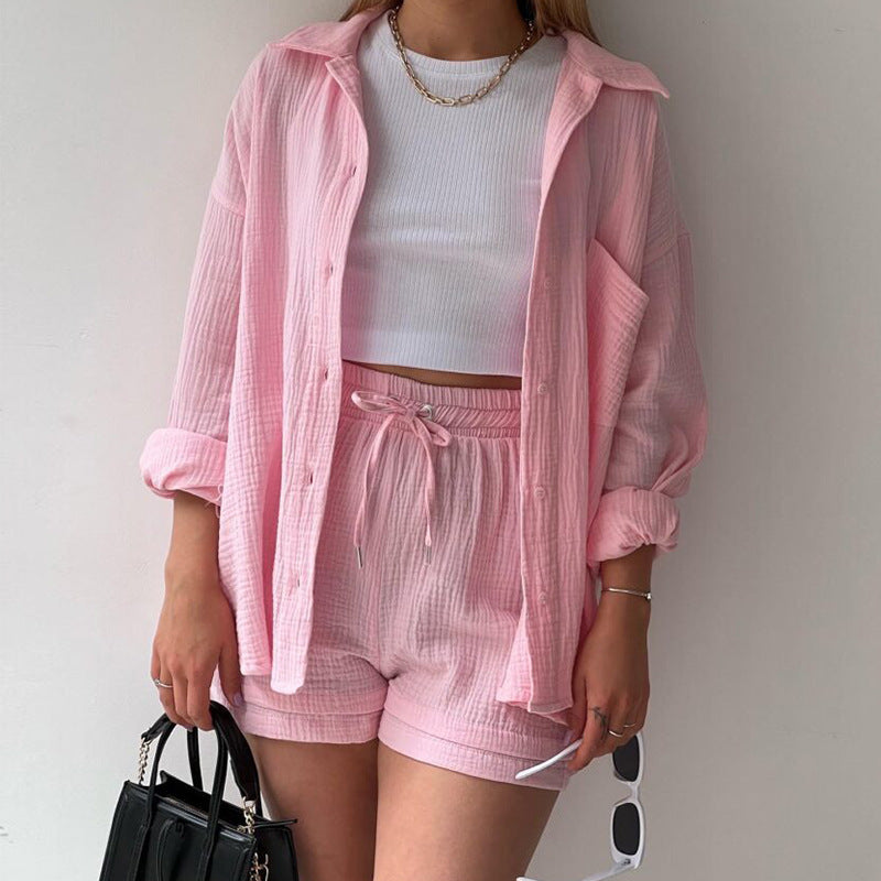 2024 Amazon Europe and America Women's Crinkled Lapel Long Sleeve Shirt High Waist Drawstring Shorts Fashion Casual Two-Piece Set