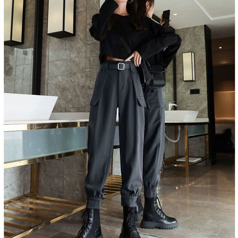 Thin fleece cargo pants for women's autumn and winter students, versatile, loose legging, slim high-waisted black suit slacks