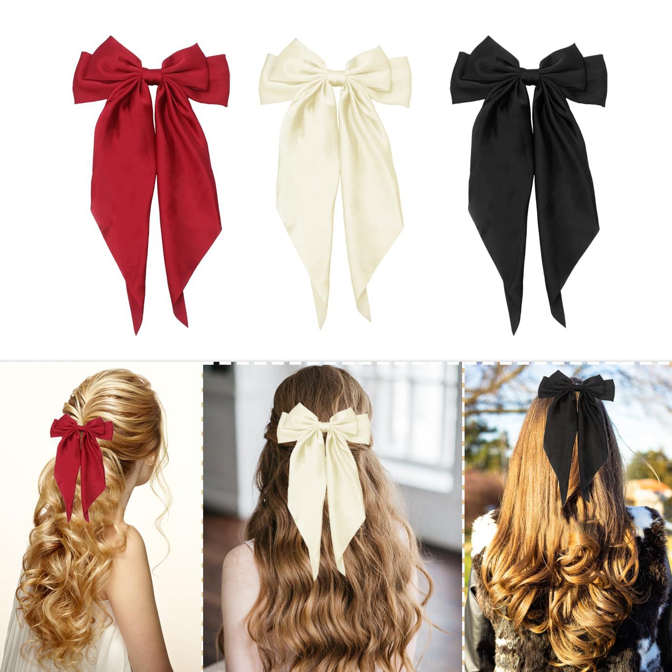 Cross-border long satin bow streamers, hairpins, spring clips, explosive oversized solid color hairpins on the back of the head, hairpins, women's jewelry