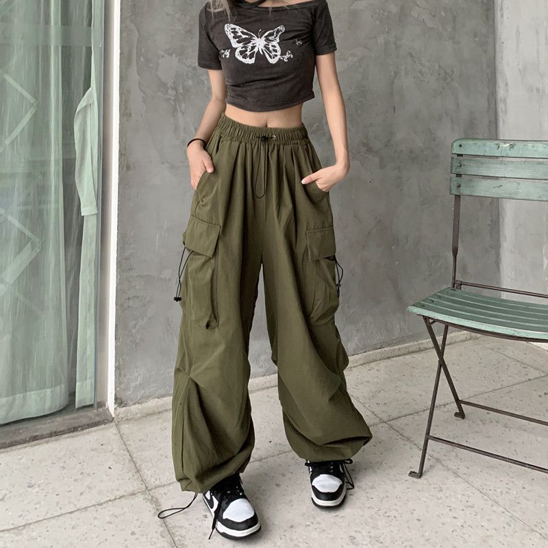 Nylon quick-drying cargo pants women's summer new American parachute pants high waist wide leg casual corset sweatpants