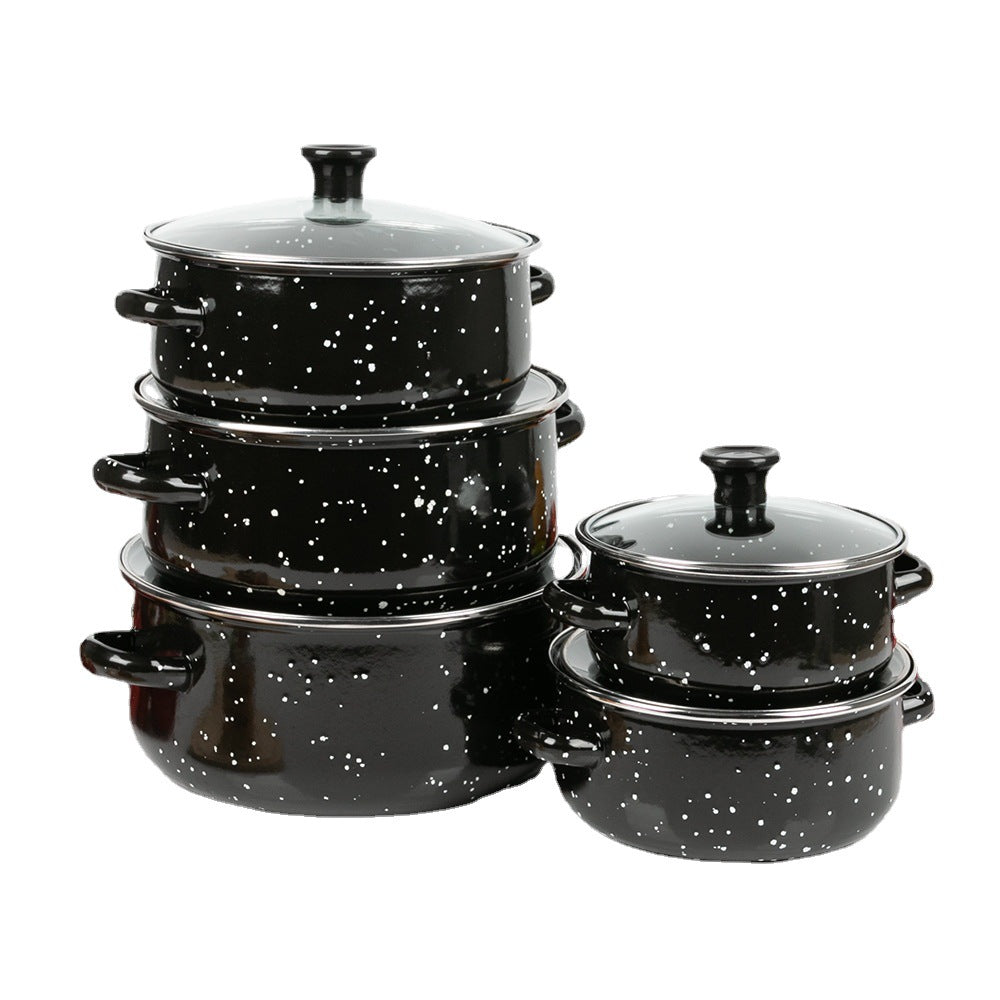 Spot wholesale enamel set pot set 5 piece set enamel soup pot 673DG-K black, green, blue, brown pockmarked saucepan