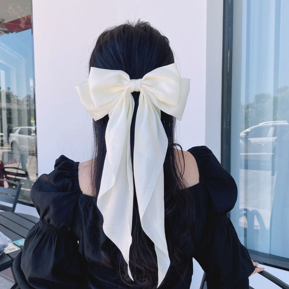 Cross-border long satin bow streamers, hairpins, spring clips, explosive oversized solid color hairpins on the back of the head, hairpins, women's jewelry