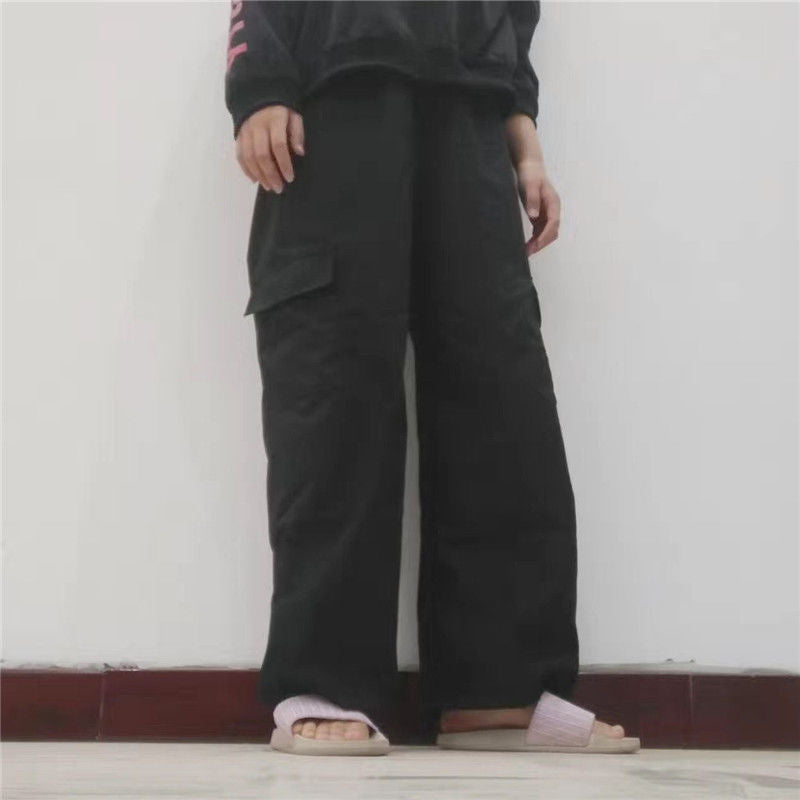 Thin fleece cargo pants for women's autumn and winter students, versatile, loose legging, slim high-waisted black suit slacks