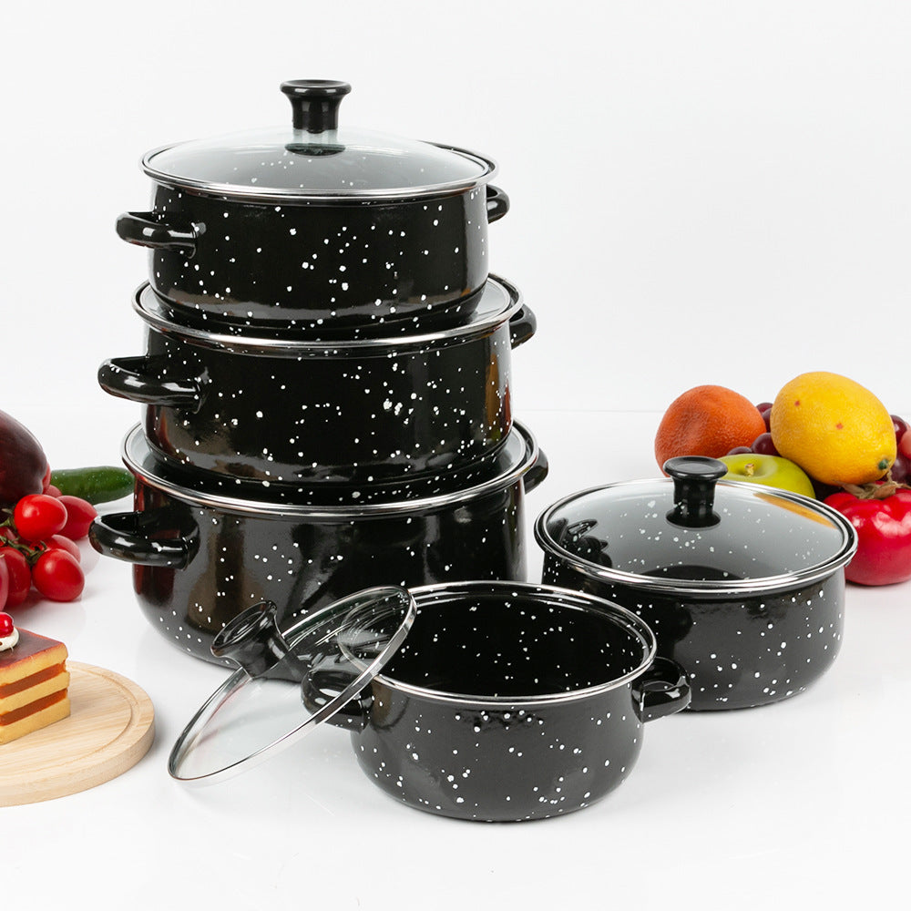 Spot wholesale enamel set pot set 5 piece set enamel soup pot 673DG-K black, green, blue, brown pockmarked saucepan