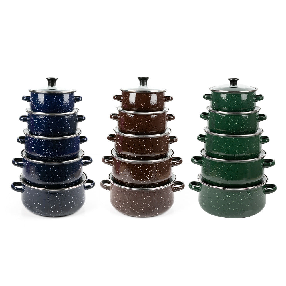 Spot wholesale enamel set pot set 5 piece set enamel soup pot 673DG-K black, green, blue, brown pockmarked saucepan