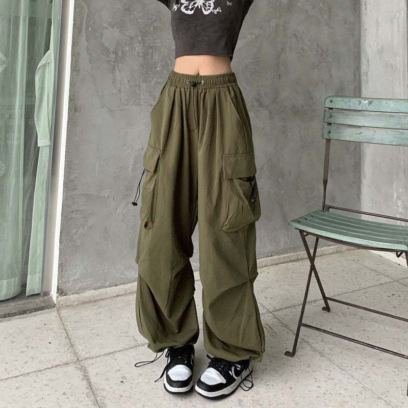 Nylon quick-drying cargo pants women's summer new American parachute pants high waist wide leg casual corset sweatpants