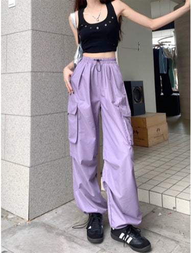 Nylon quick-drying cargo pants women's summer new American parachute pants high waist wide leg casual corset sweatpants