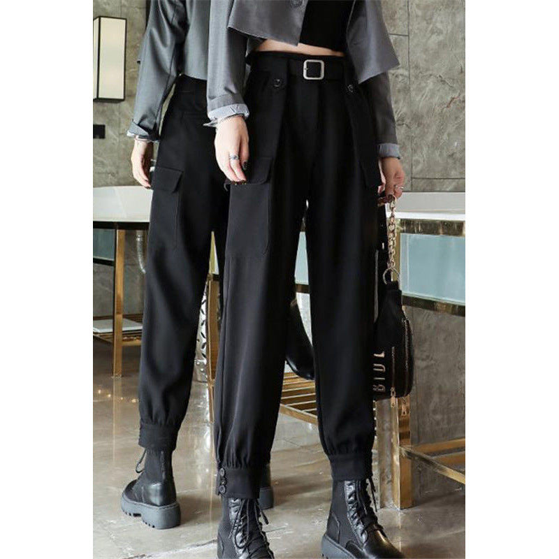 Thin fleece cargo pants for women's autumn and winter students, versatile, loose legging, slim high-waisted black suit slacks