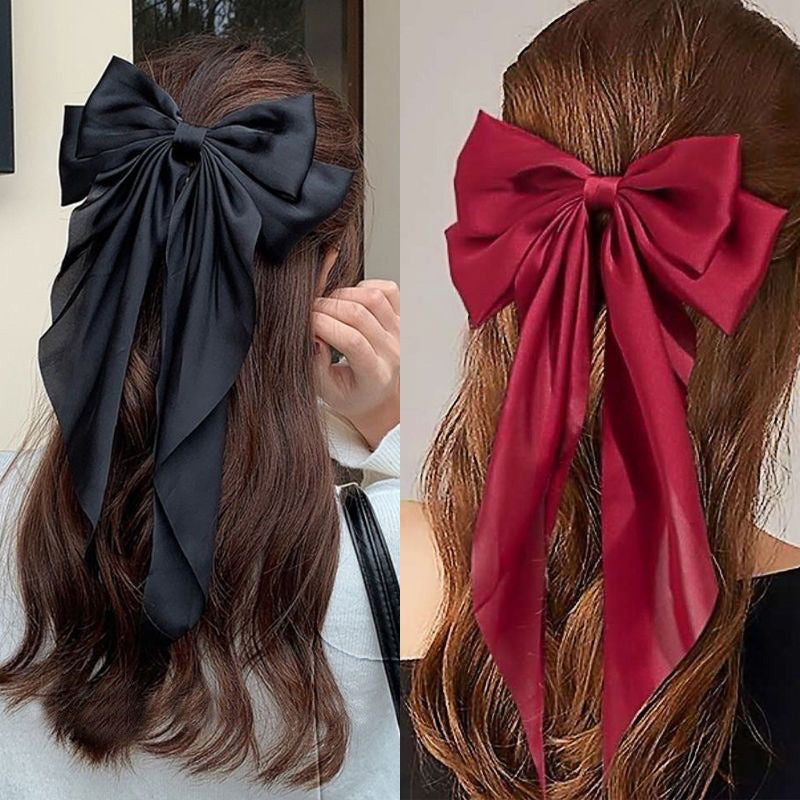 Cross-border long satin bow streamers, hairpins, spring clips, explosive oversized solid color hairpins on the back of the head, hairpins, women's jewelry