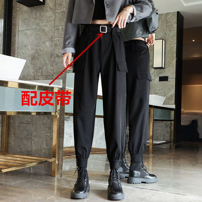 Thin fleece cargo pants for women's autumn and winter students, versatile, loose legging, slim high-waisted black suit slacks