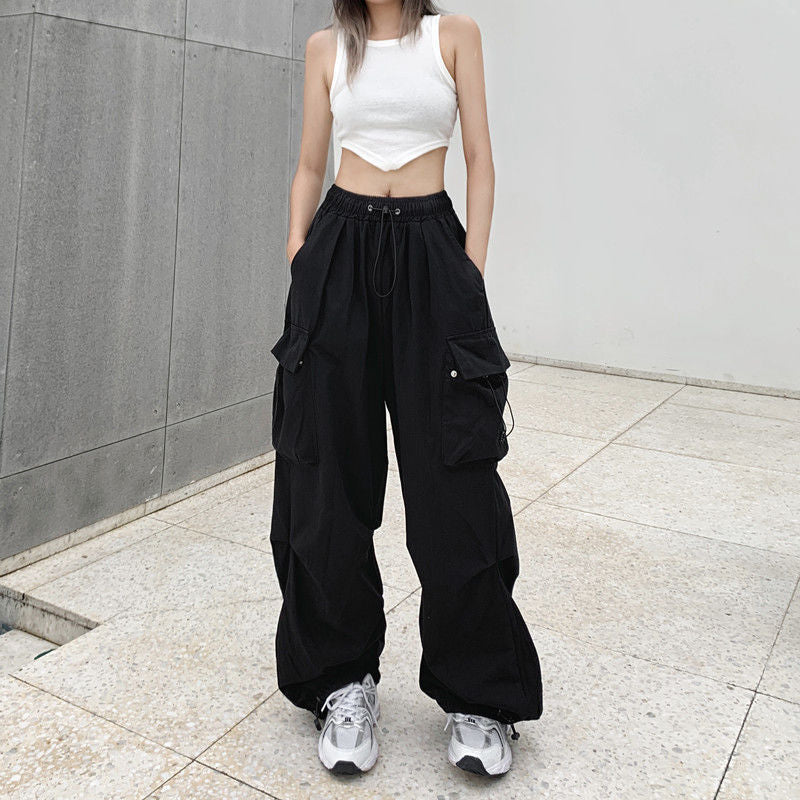 Nylon quick-drying cargo pants women's summer new American parachute pants high waist wide leg casual corset sweatpants