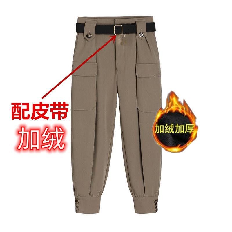 Thin fleece cargo pants for women's autumn and winter students, versatile, loose legging, slim high-waisted black suit slacks