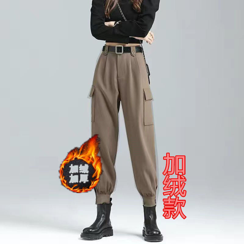 Thin fleece cargo pants for women's autumn and winter students, versatile, loose legging, slim high-waisted black suit slacks