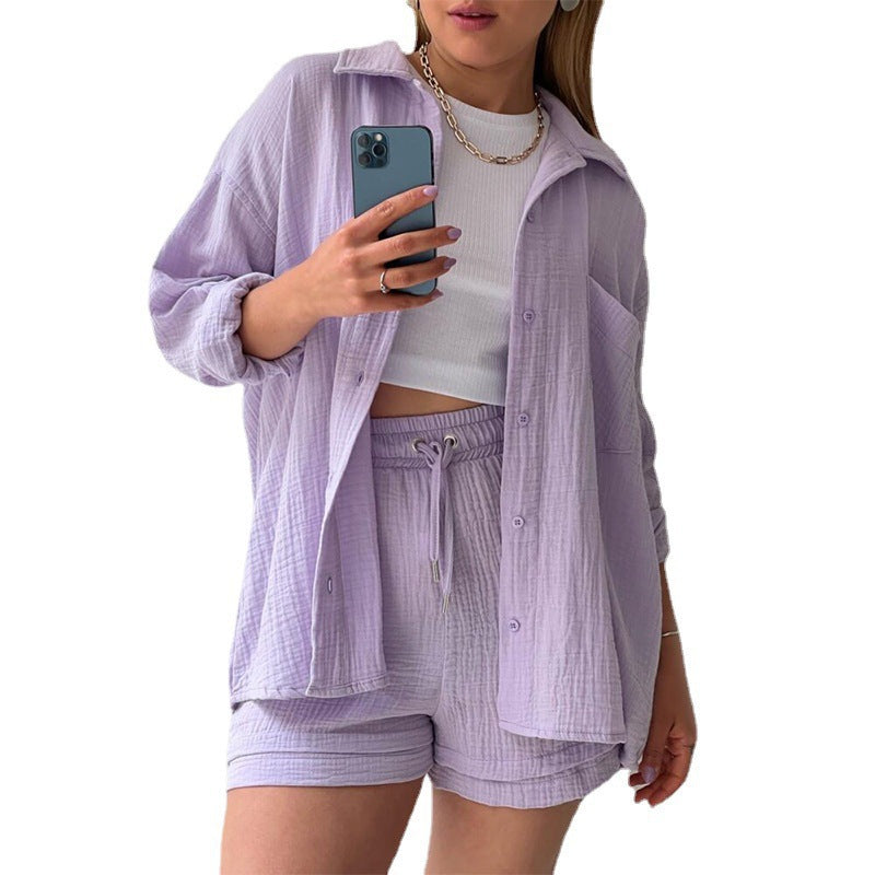 2024 Amazon Europe and America Women's Crinkled Lapel Long Sleeve Shirt High Waist Drawstring Shorts Fashion Casual Two-Piece Set