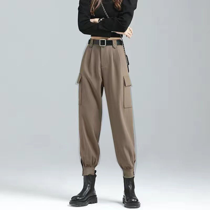 Thin fleece cargo pants for women's autumn and winter students, versatile, loose legging, slim high-waisted black suit slacks