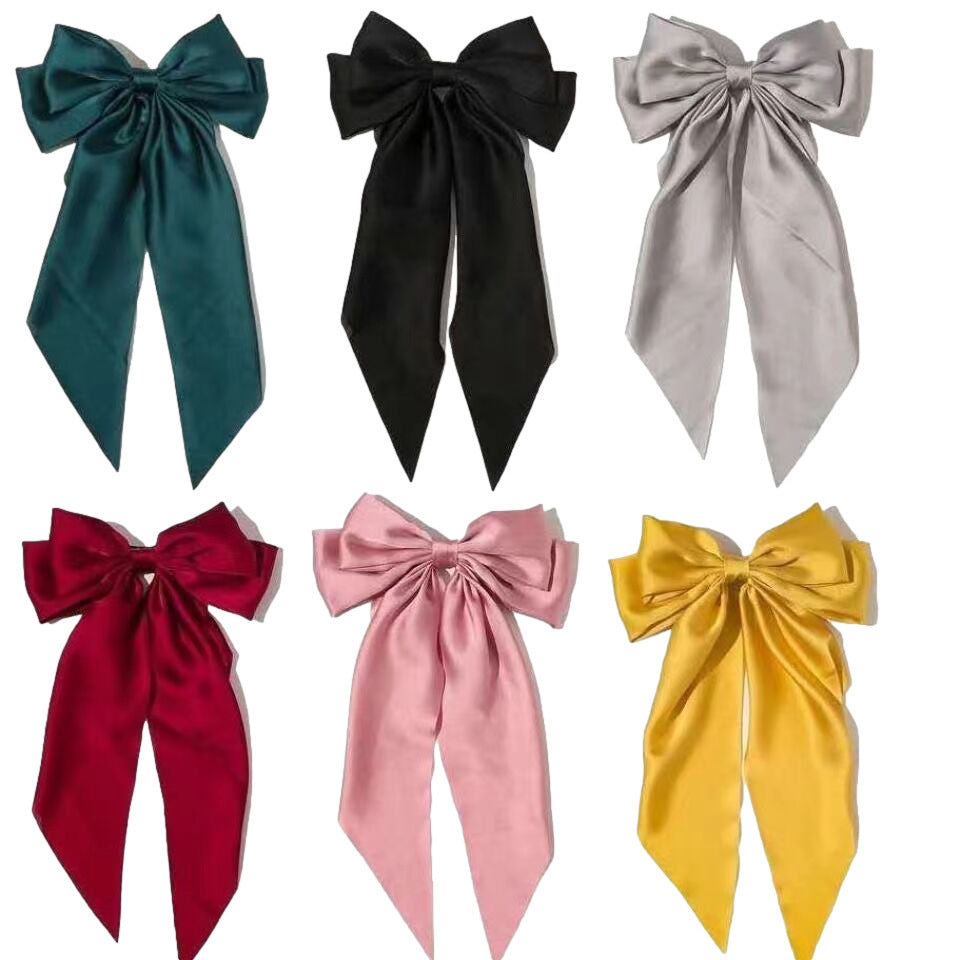 Cross-border long satin bow streamers, hairpins, spring clips, explosive oversized solid color hairpins on the back of the head, hairpins, women's jewelry