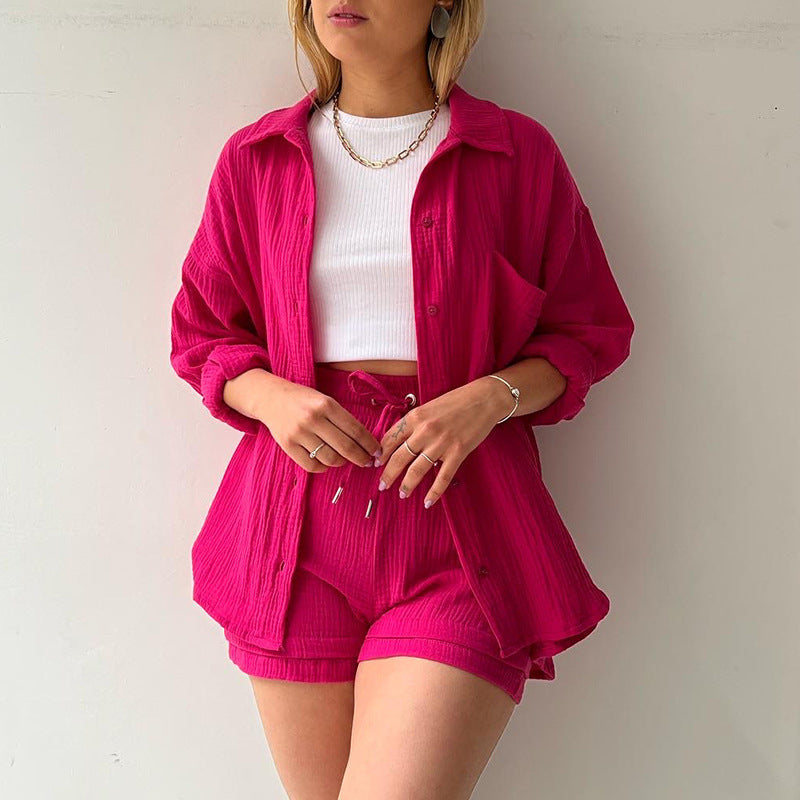 2024 Amazon Europe and America Women's Crinkled Lapel Long Sleeve Shirt High Waist Drawstring Shorts Fashion Casual Two-Piece Set