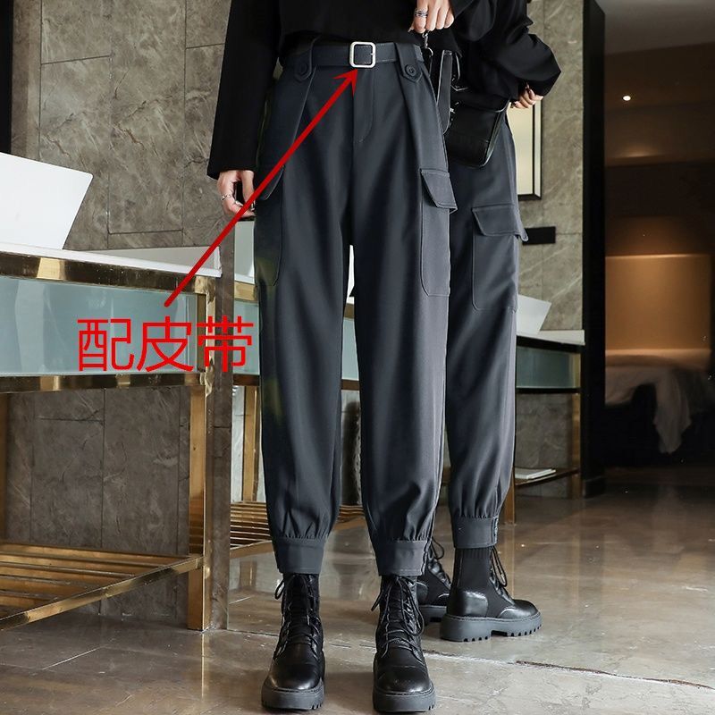 Thin fleece cargo pants for women's autumn and winter students, versatile, loose legging, slim high-waisted black suit slacks