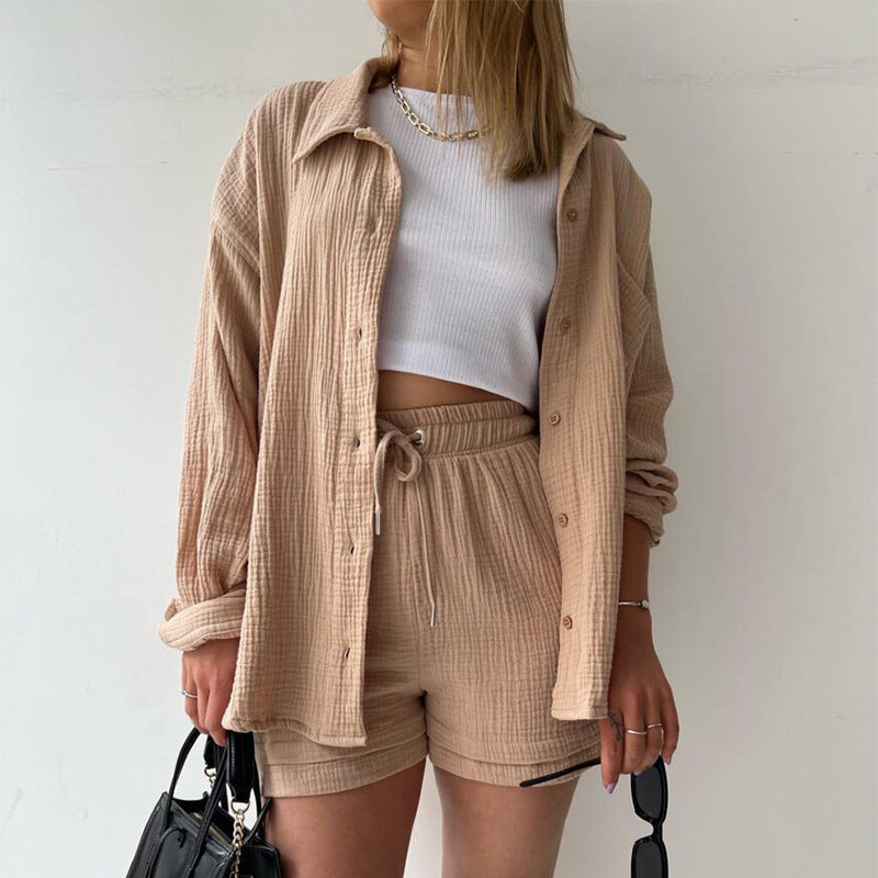 2024 Amazon Europe and America Women's Crinkled Lapel Long Sleeve Shirt High Waist Drawstring Shorts Fashion Casual Two-Piece Set