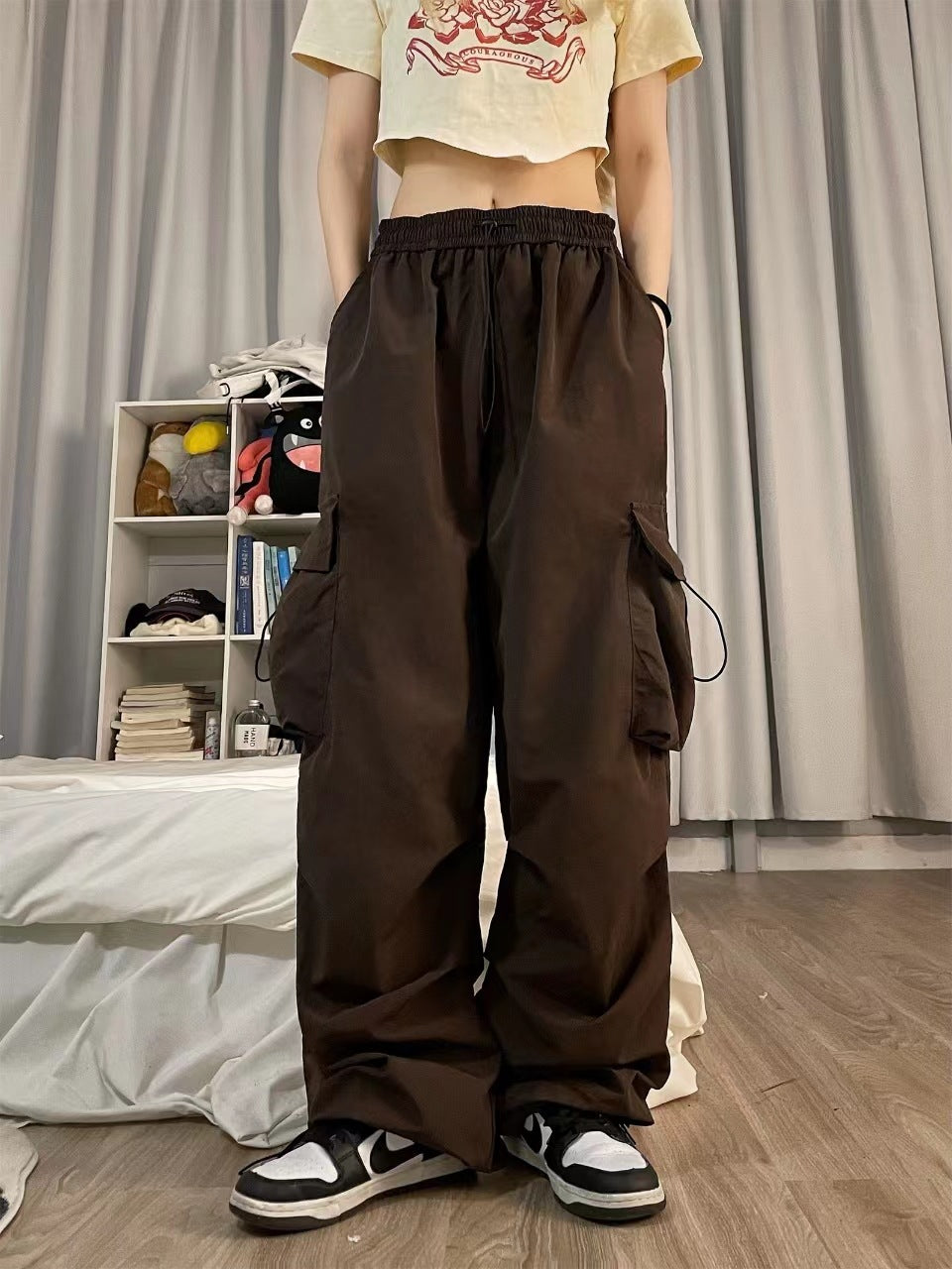 Nylon quick-drying cargo pants women's summer new American parachute pants high waist wide leg casual corset sweatpants