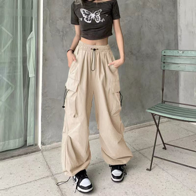 Nylon quick-drying cargo pants women's summer new American parachute pants high waist wide leg casual corset sweatpants