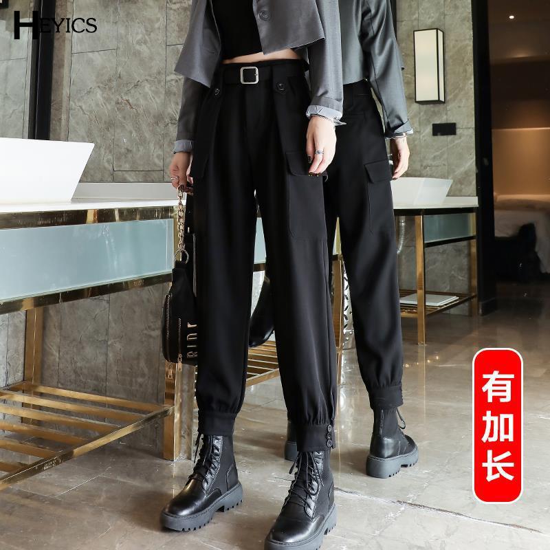 Thin fleece cargo pants for women's autumn and winter students, versatile, loose legging, slim high-waisted black suit slacks