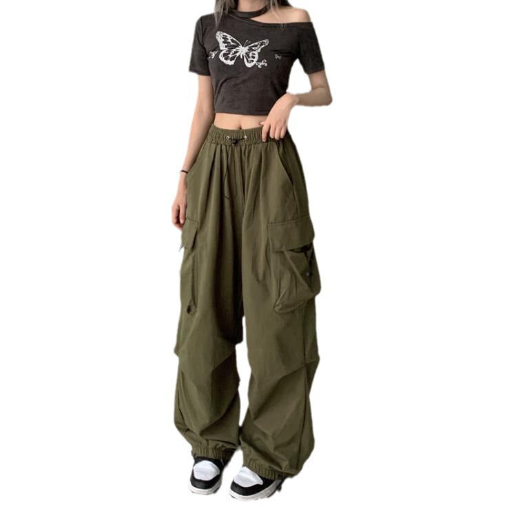 Nylon quick-drying cargo pants women's summer new American parachute pants high waist wide leg casual corset sweatpants