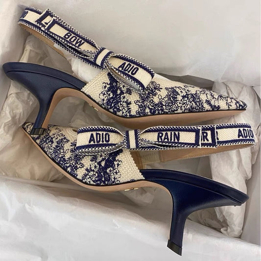 D letter hand-embroidered sandals women's 2024 summer family new vintage bow pointed heel hollow heels